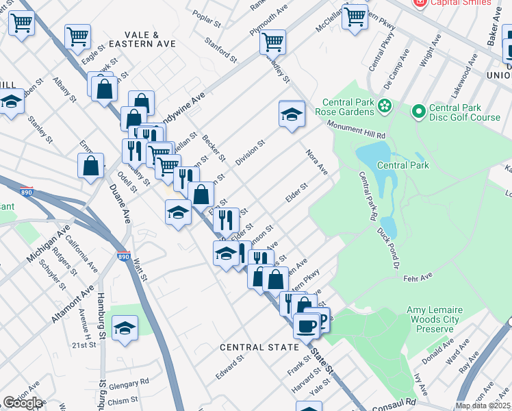 map of restaurants, bars, coffee shops, grocery stores, and more near 92 Linden Street in Schenectady