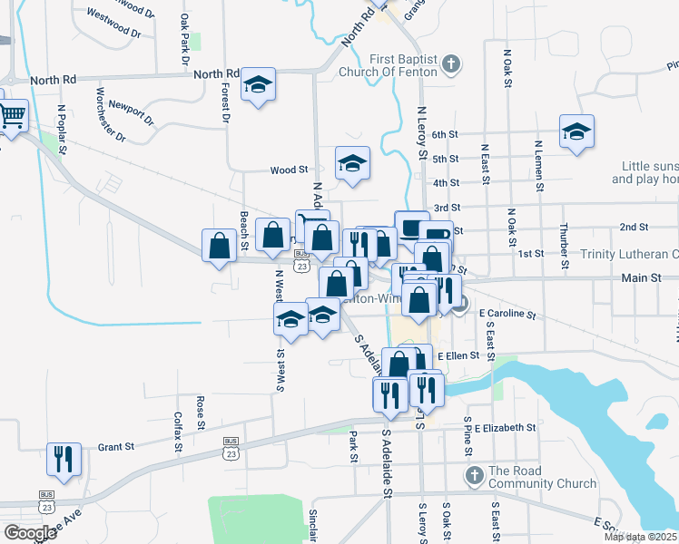map of restaurants, bars, coffee shops, grocery stores, and more near 205 Lincoln Street in Fenton