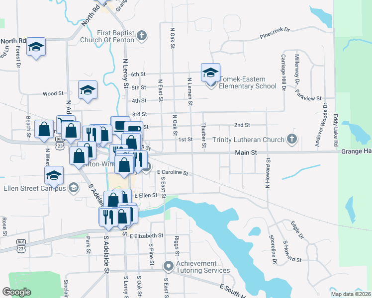 map of restaurants, bars, coffee shops, grocery stores, and more near 407 Main Street in Fenton