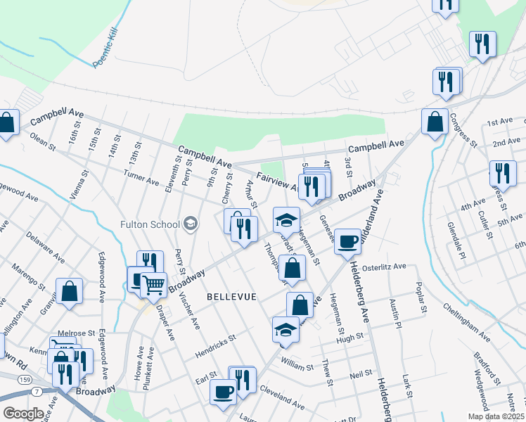 map of restaurants, bars, coffee shops, grocery stores, and more near 462 Arthur Street in Schenectady