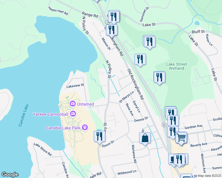 map of restaurants, bars, coffee shops, grocery stores, and more near 132 North Policy Street in Salem