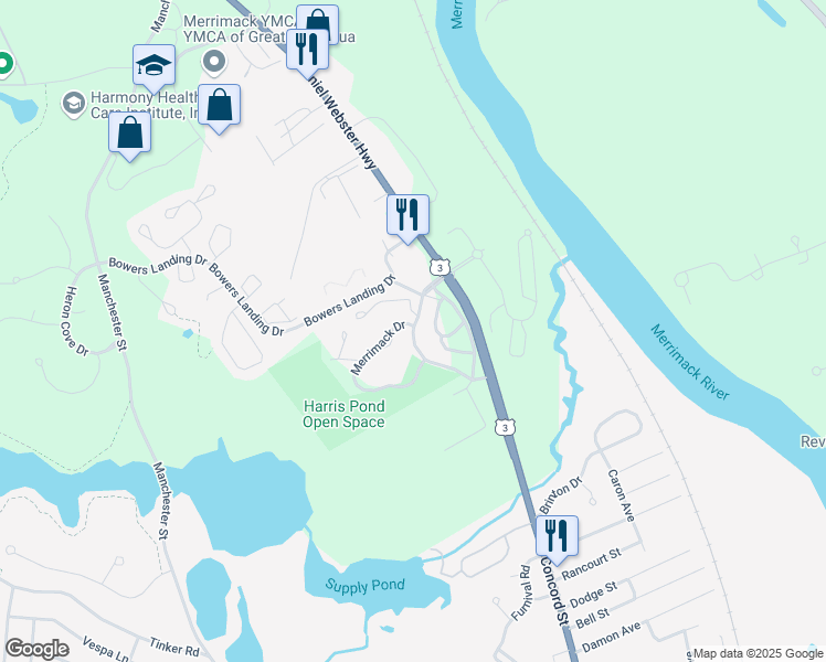 map of restaurants, bars, coffee shops, grocery stores, and more near 2 Merrimack Drive in Merrimack