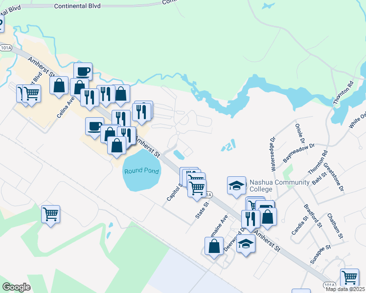 map of restaurants, bars, coffee shops, grocery stores, and more near 5 Blackstone Drive in Nashua