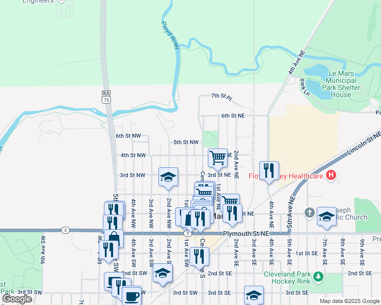 map of restaurants, bars, coffee shops, grocery stores, and more near 115 4th St NW in Le Mars