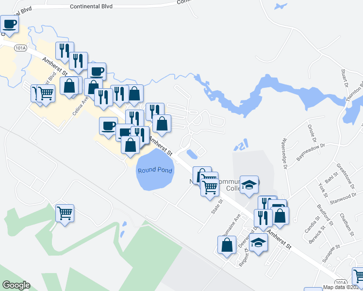 map of restaurants, bars, coffee shops, grocery stores, and more near 298A Blackstone Drive in Nashua