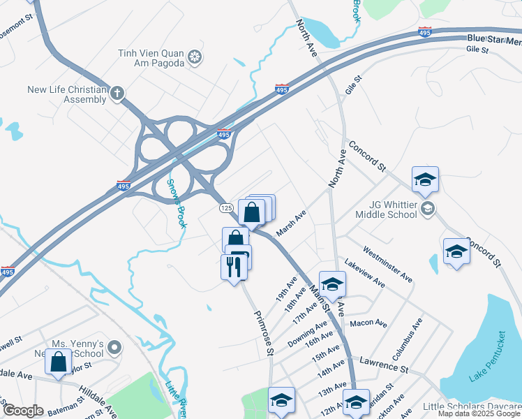 map of restaurants, bars, coffee shops, grocery stores, and more near 13 Brookline Avenue in Haverhill