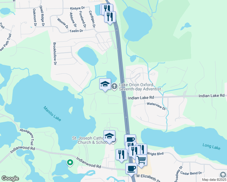 map of restaurants, bars, coffee shops, grocery stores, and more near 120 Manitou Lane in Oakland County
