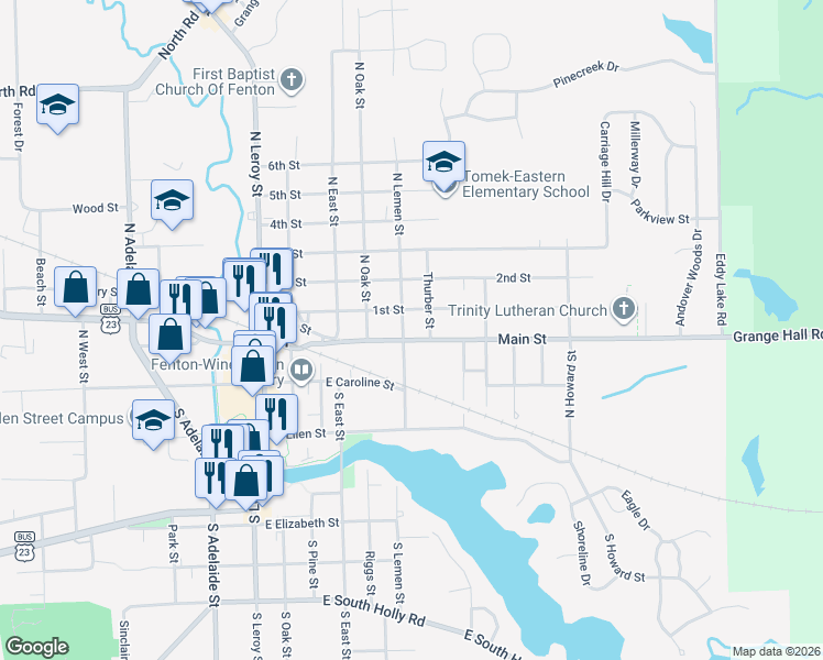 map of restaurants, bars, coffee shops, grocery stores, and more near 507 Main Street in Fenton