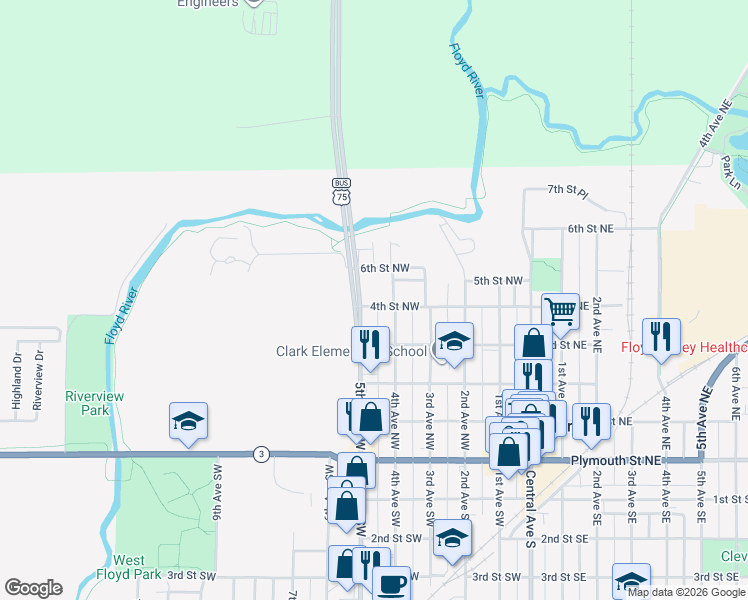map of restaurants, bars, coffee shops, grocery stores, and more near 425 4th Avenue Northwest in Le Mars