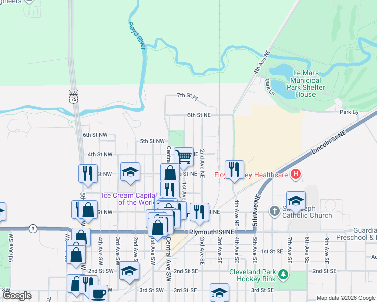 map of restaurants, bars, coffee shops, grocery stores, and more near 400 1st Avenue Northeast in Le Mars