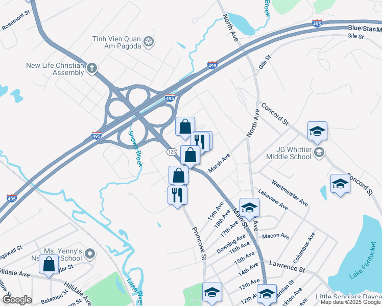 map of restaurants, bars, coffee shops, grocery stores, and more near 13 Brookline Avenue in Haverhill
