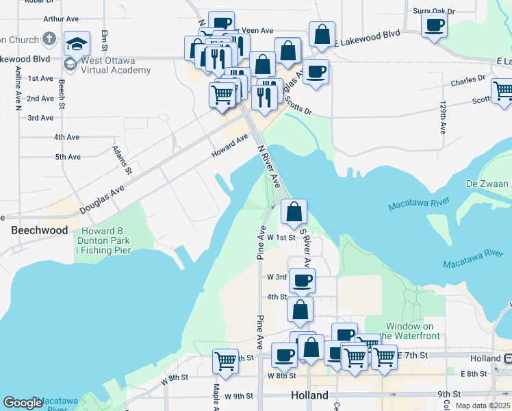 map of restaurants, bars, coffee shops, grocery stores, and more near 40 North River Avenue in Holland