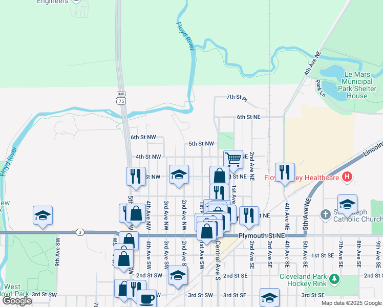 map of restaurants, bars, coffee shops, grocery stores, and more near 115 4th Street Northwest in Le Mars