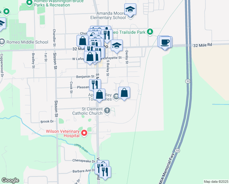 map of restaurants, bars, coffee shops, grocery stores, and more near 231 Apple Blossom Way in Romeo
