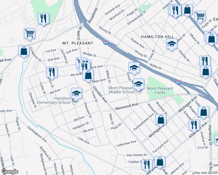 map of restaurants, bars, coffee shops, grocery stores, and more near 1102 Willett Street in Schenectady
