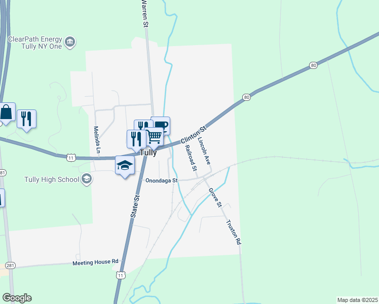map of restaurants, bars, coffee shops, grocery stores, and more near Railroad Street in Tully