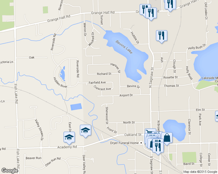 map of restaurants, bars, coffee shops, grocery stores, and more near 310 Cresent Street in Holly