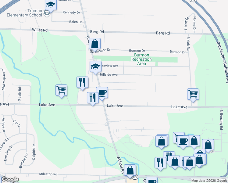 map of restaurants, bars, coffee shops, grocery stores, and more near 85 Velore Avenue in Orchard Park