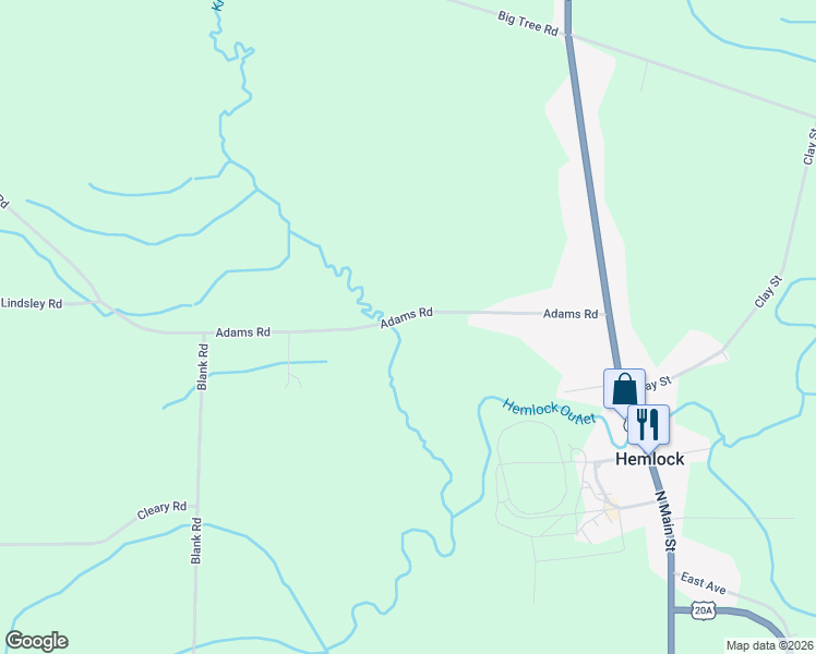 map of restaurants, bars, coffee shops, grocery stores, and more near 7200 Adams Road in Hemlock