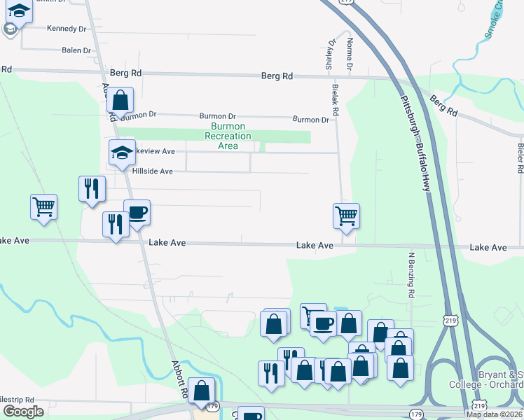 map of restaurants, bars, coffee shops, grocery stores, and more near 455 Vistula Ave in Orchard Park