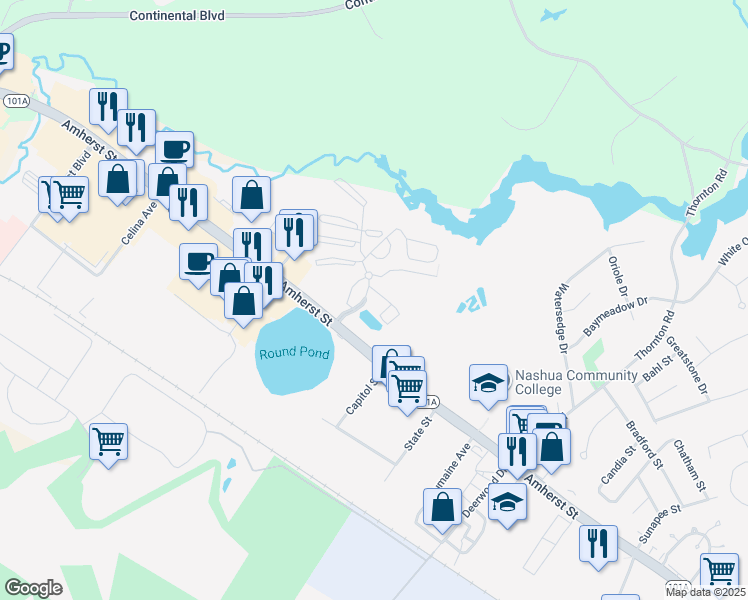 map of restaurants, bars, coffee shops, grocery stores, and more near 5 Blackstone Drive in Nashua