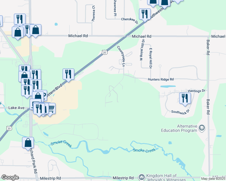 map of restaurants, bars, coffee shops, grocery stores, and more near 220 Countryside Lane in Orchard Park