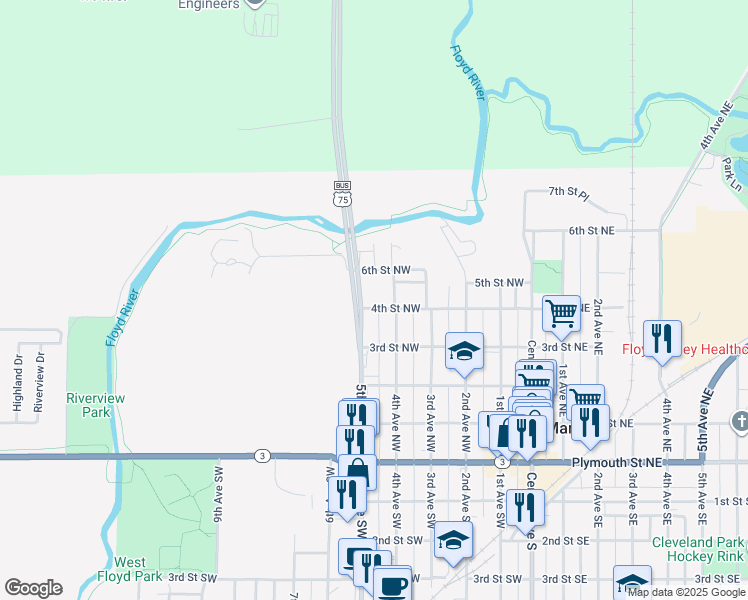 map of restaurants, bars, coffee shops, grocery stores, and more near 425 4th Avenue Northwest in Le Mars