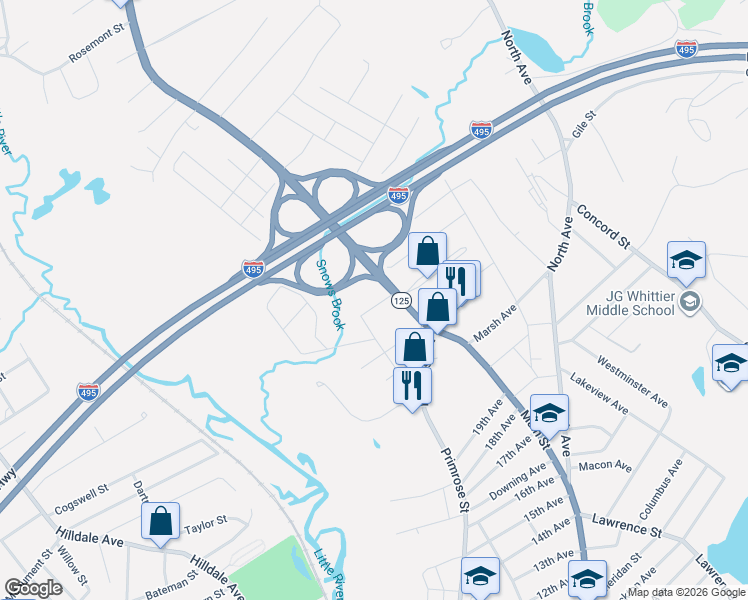 map of restaurants, bars, coffee shops, grocery stores, and more near 12 Montgomery Street in Haverhill
