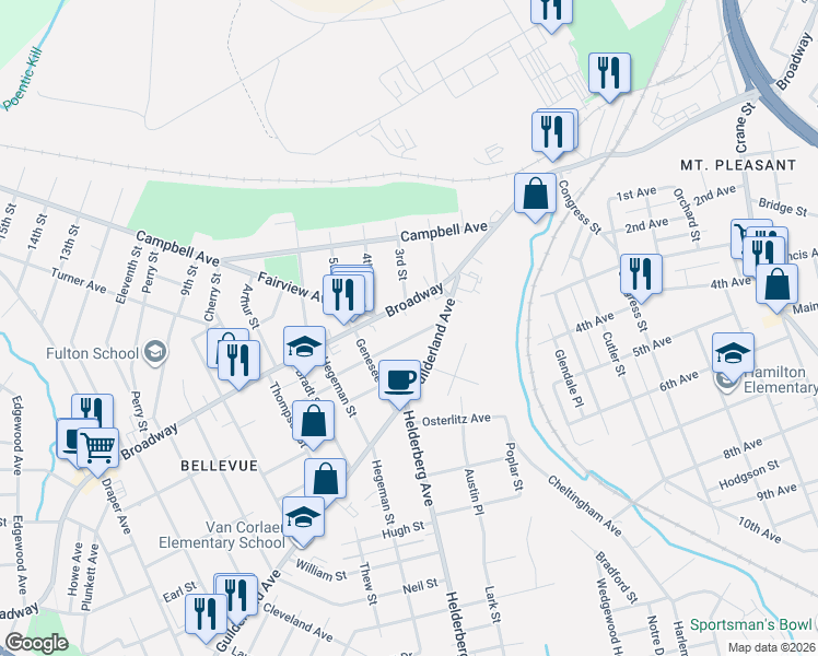map of restaurants, bars, coffee shops, grocery stores, and more near 1903 Euclid Avenue in Schenectady