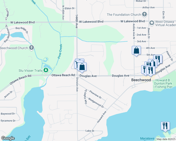 map of restaurants, bars, coffee shops, grocery stores, and more near 38 Whispering Woods Drive in Holland