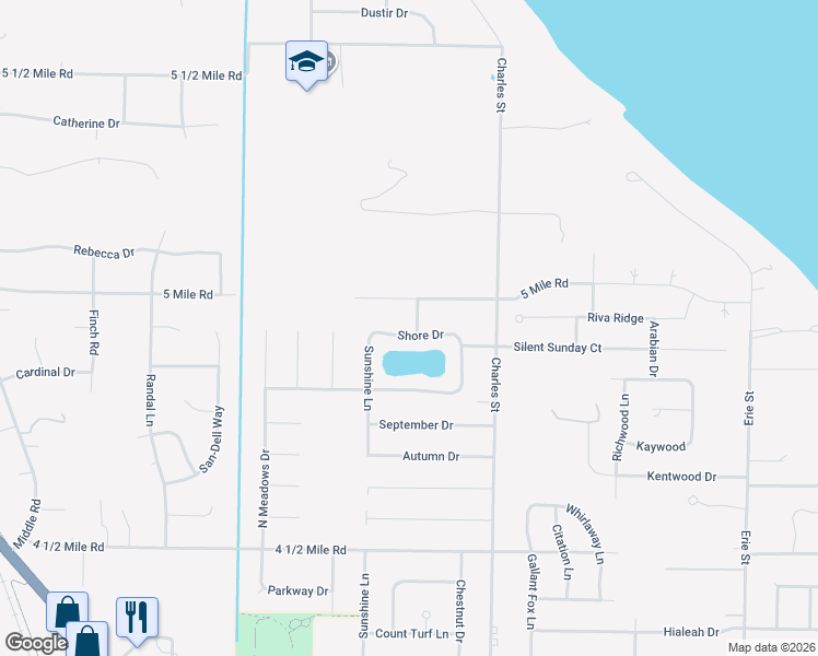 map of restaurants, bars, coffee shops, grocery stores, and more near 1708 Shore Drive in Racine