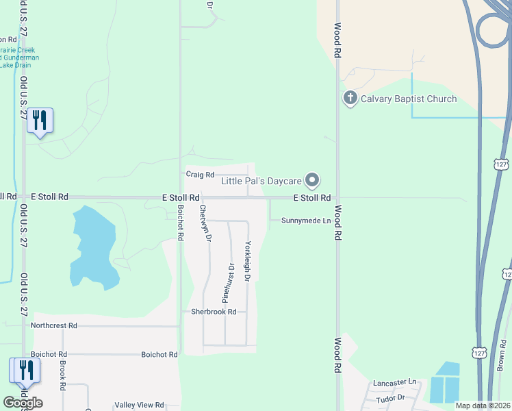 map of restaurants, bars, coffee shops, grocery stores, and more near 15040 Glencrest Drive in Lansing