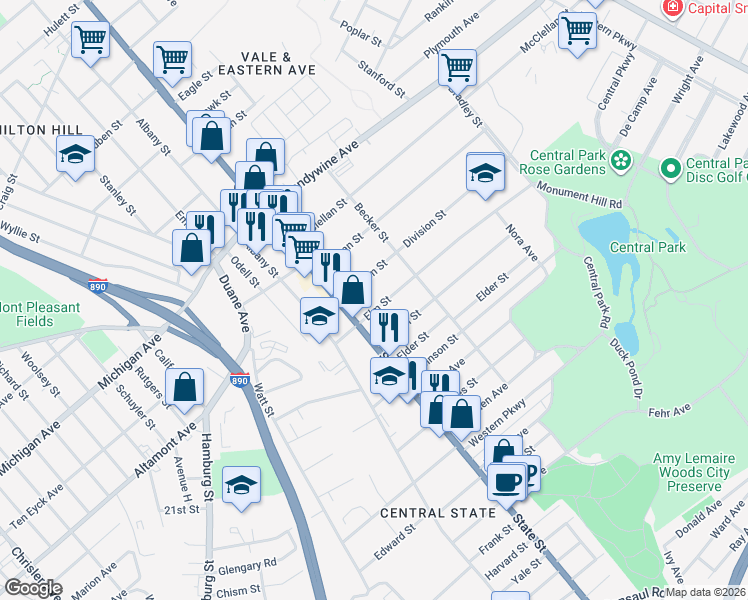 map of restaurants, bars, coffee shops, grocery stores, and more near 1 Elm Street in Schenectady