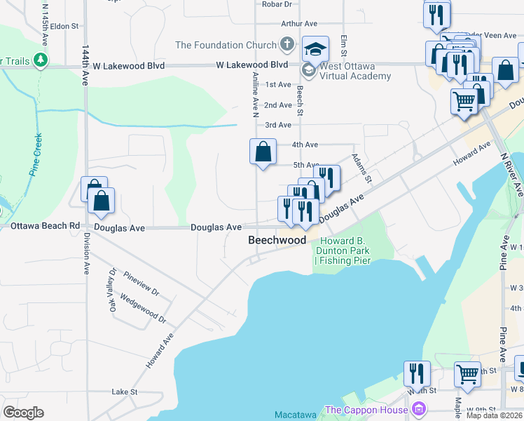 map of restaurants, bars, coffee shops, grocery stores, and more near 17 Aniline Avenue North in Holland