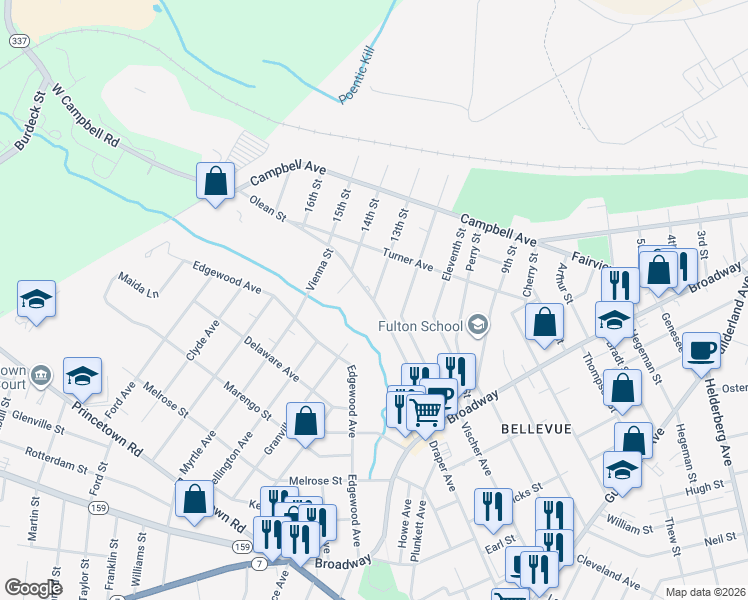 map of restaurants, bars, coffee shops, grocery stores, and more near Olean Street & 13th Street in Schenectady