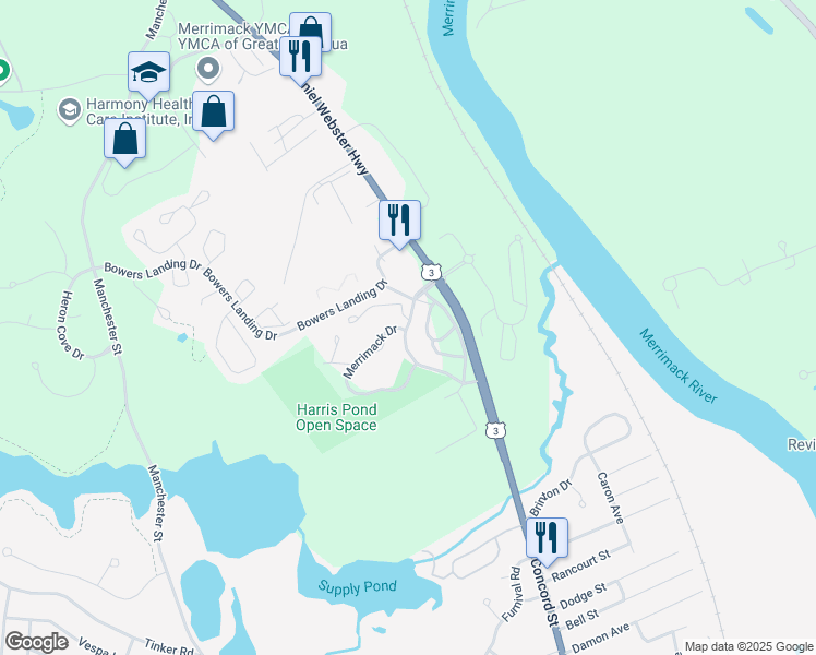 map of restaurants, bars, coffee shops, grocery stores, and more near 2 Merrimack Drive in Merrimack