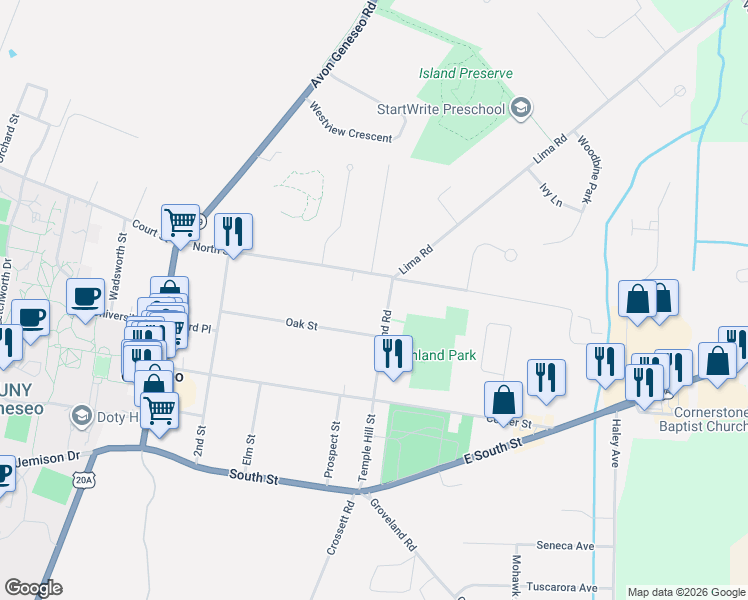 map of restaurants, bars, coffee shops, grocery stores, and more near 12 Highland Road in Geneseo