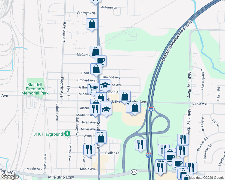 map of restaurants, bars, coffee shops, grocery stores, and more near 4246 Oakwood Avenue in Buffalo