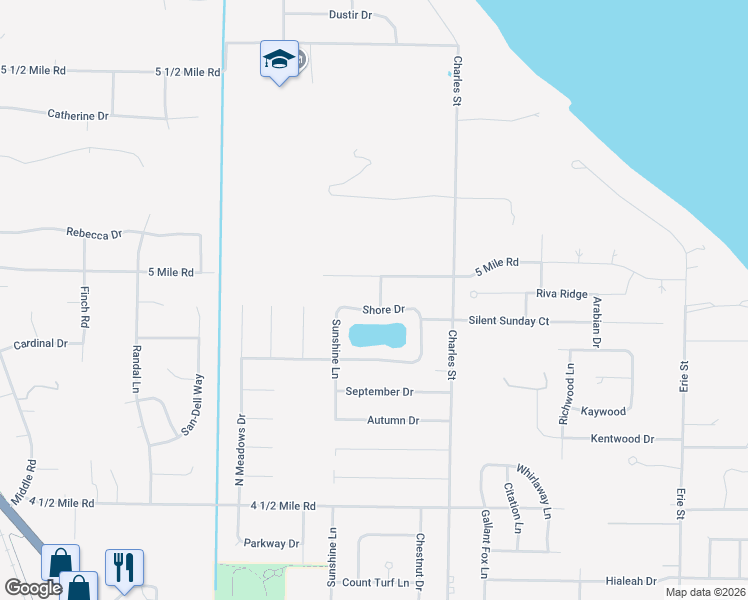 map of restaurants, bars, coffee shops, grocery stores, and more near 1708 Shore Drive in Racine