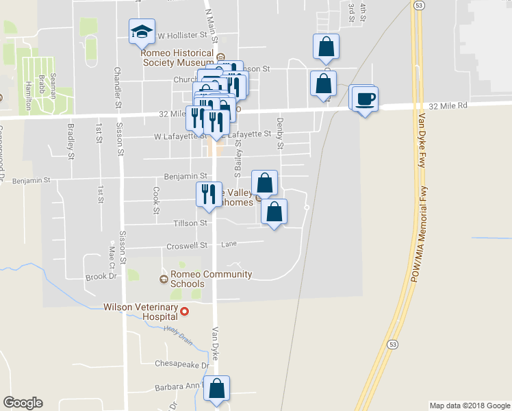 map of restaurants, bars, coffee shops, grocery stores, and more near 198 Crabapple Court in Romeo