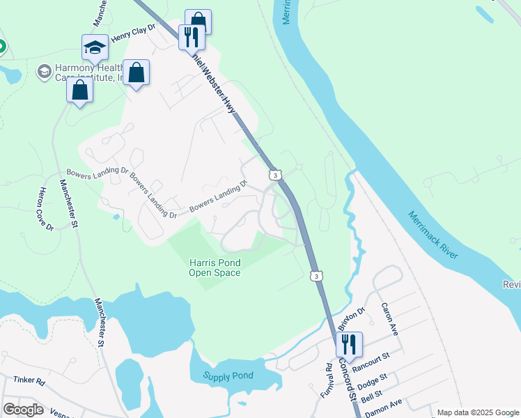 map of restaurants, bars, coffee shops, grocery stores, and more near 2 Suncook Terrace in Merrimack