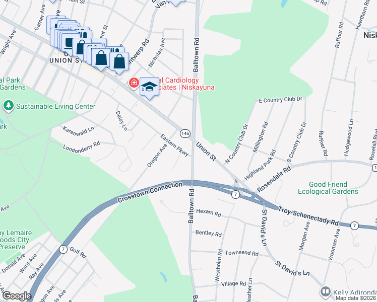 map of restaurants, bars, coffee shops, grocery stores, and more near 1844 Union Street in Schenectady County