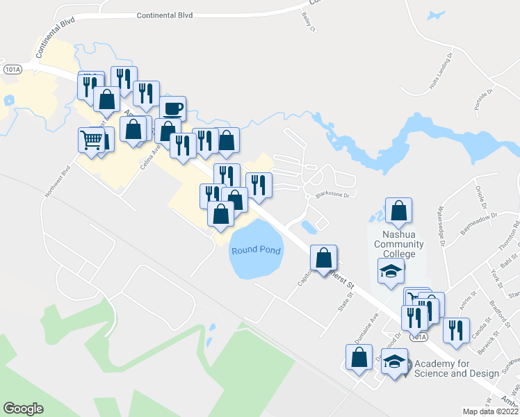 map of restaurants, bars, coffee shops, grocery stores, and more near 569 Amherst Street in Nashua