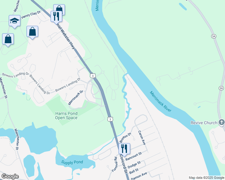map of restaurants, bars, coffee shops, grocery stores, and more near 29 U.S. 3 in Merrimack