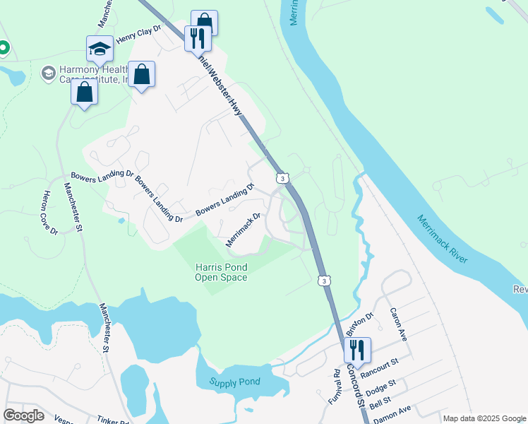 map of restaurants, bars, coffee shops, grocery stores, and more near 2 Merrimack Drive in Merrimack