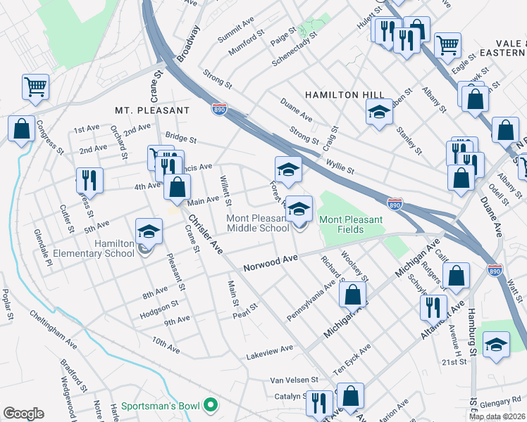 map of restaurants, bars, coffee shops, grocery stores, and more near 841 Oakwood Avenue in Schenectady
