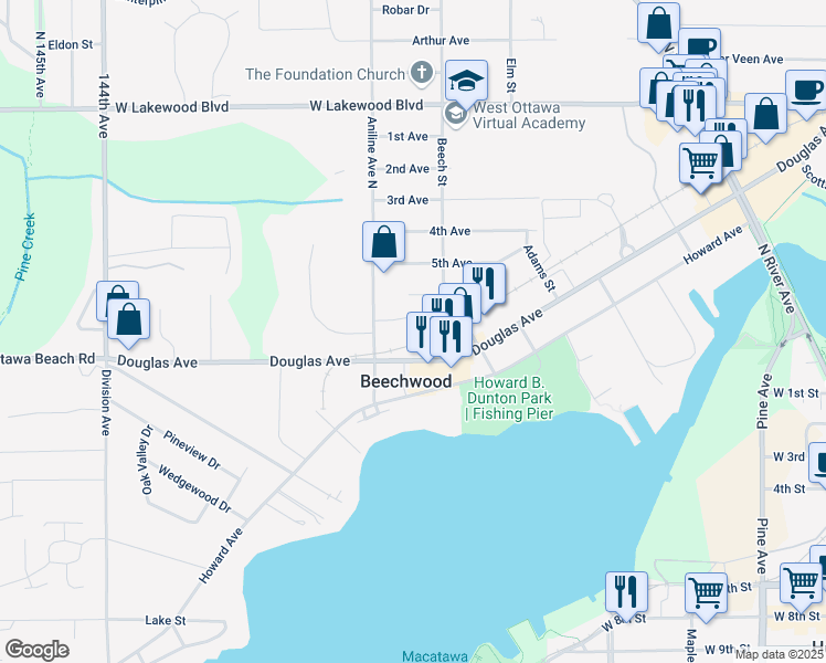 map of restaurants, bars, coffee shops, grocery stores, and more near 381 Douglas Avenue in Holland