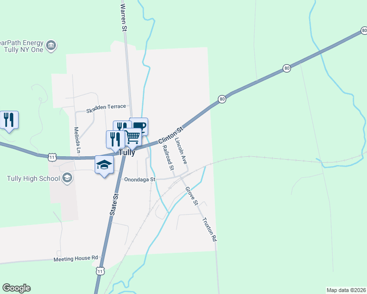 map of restaurants, bars, coffee shops, grocery stores, and more near 11 Lincoln Avenue in Tully