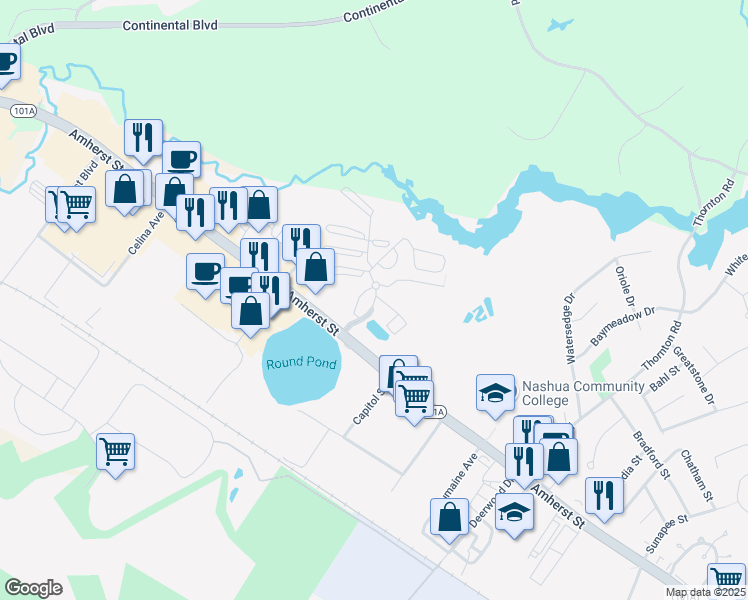 map of restaurants, bars, coffee shops, grocery stores, and more near 5 Blackstone Drive in Nashua