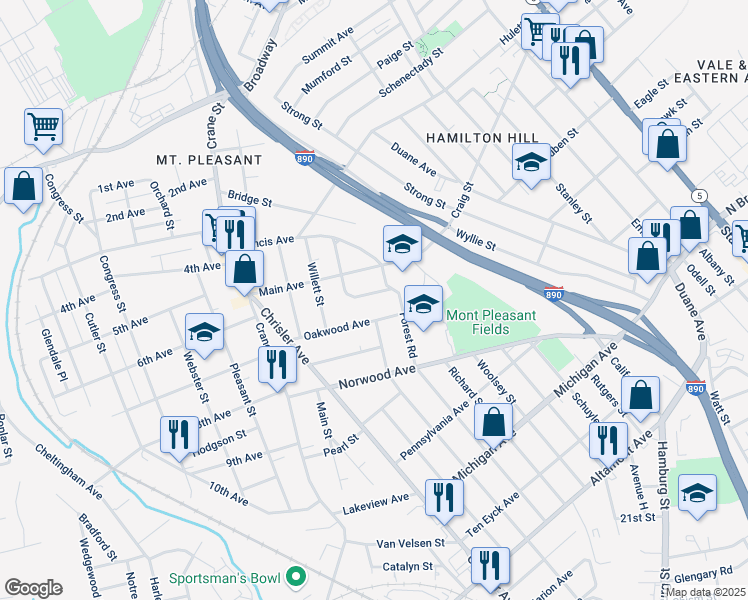 map of restaurants, bars, coffee shops, grocery stores, and more near 841 Oakwood Avenue in Schenectady